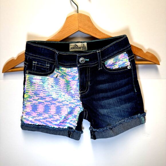 ordache Girls Denim Shorts Size 6 Iridescent Sequin Details Cuffed Dark Wash - Picture 1 of 7